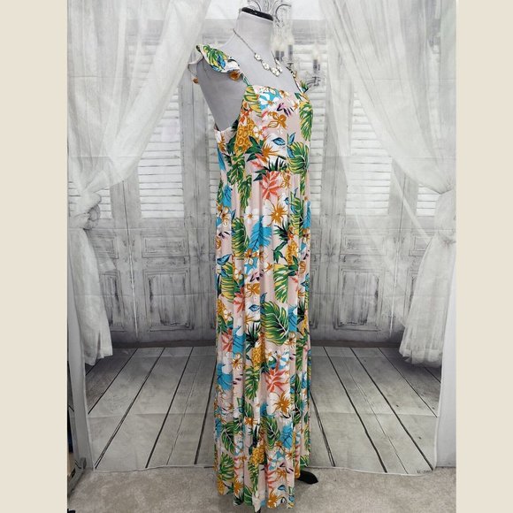 Skies are Blue Size Large Pink Green Floral Elliot Botanical Maxi Dress Hawaiian - Picture 6 of 14
